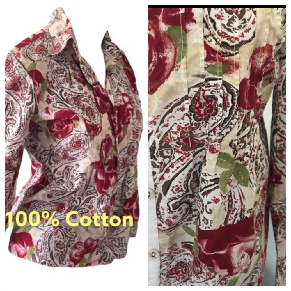 SOLD🟣 Charter Club 100% Cotton Blouse Button Down Floral - Picture 1 of 9